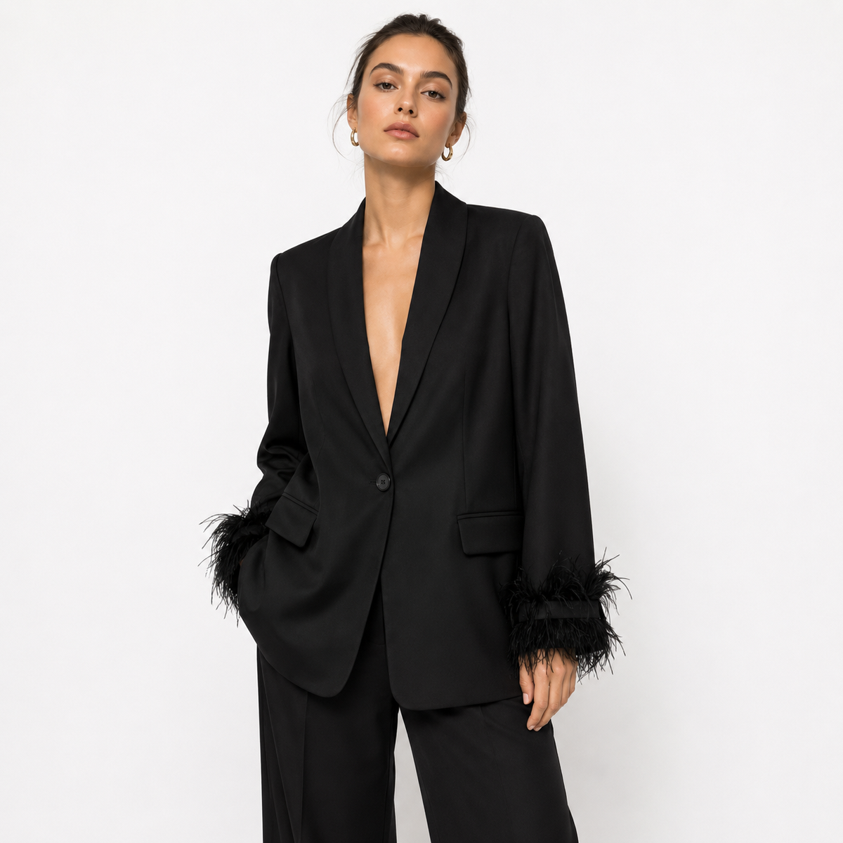 Women’s Black Single-Breasted Blazer with Feather-Trim Cuffs