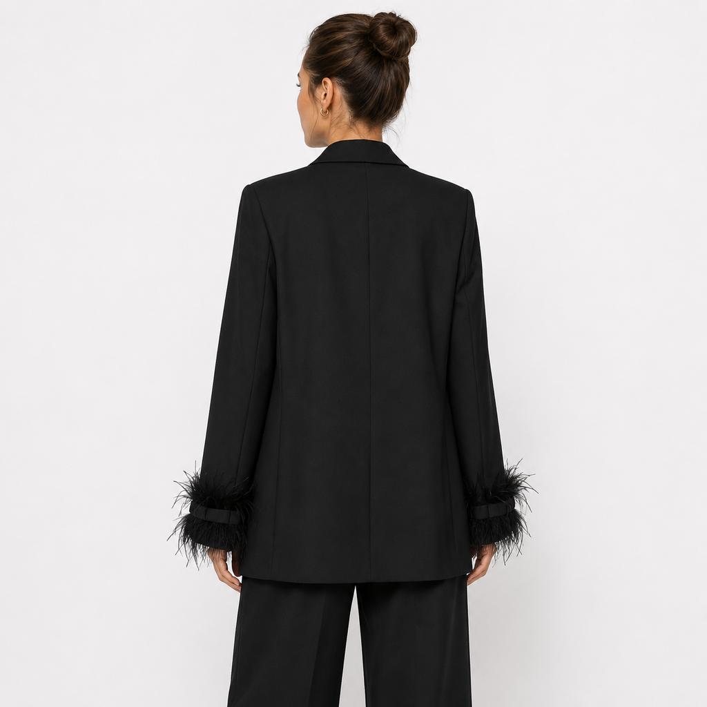 Women’s Black Single-Breasted Blazer with Feather-Trim Cuffs