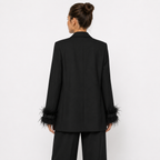 Women’s Black Single-Breasted Blazer with Feather-Trim Cuffs
