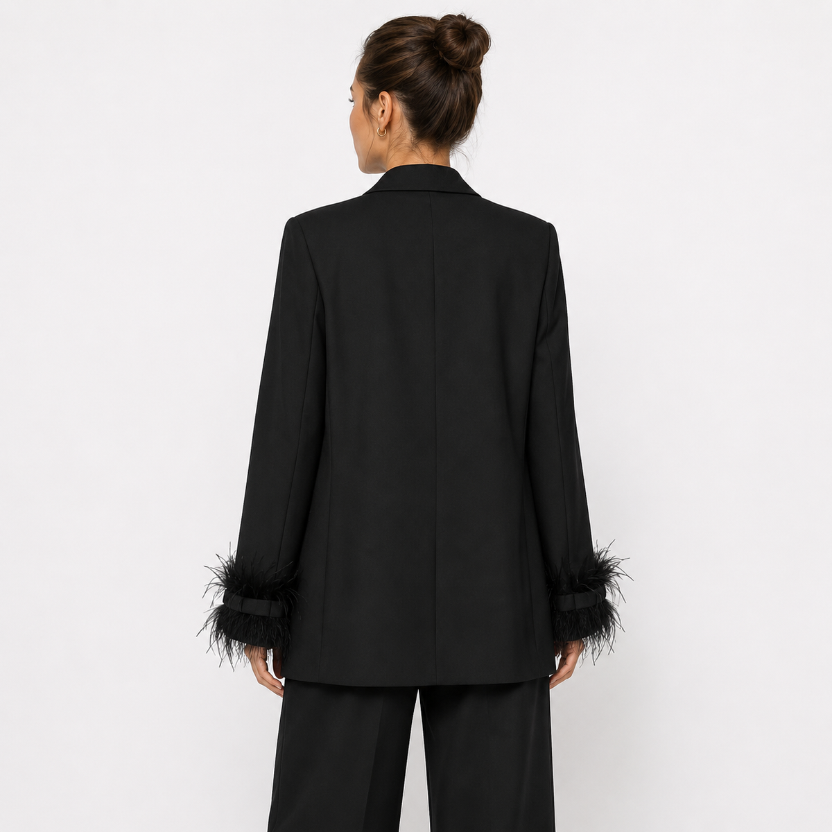 Women’s Black Single-Breasted Blazer with Feather-Trim Cuffs