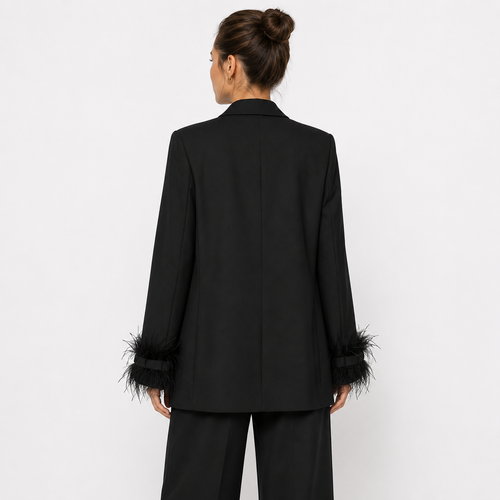 Women’s Black Single-Breasted Blazer with Feather-Trim Cuffs