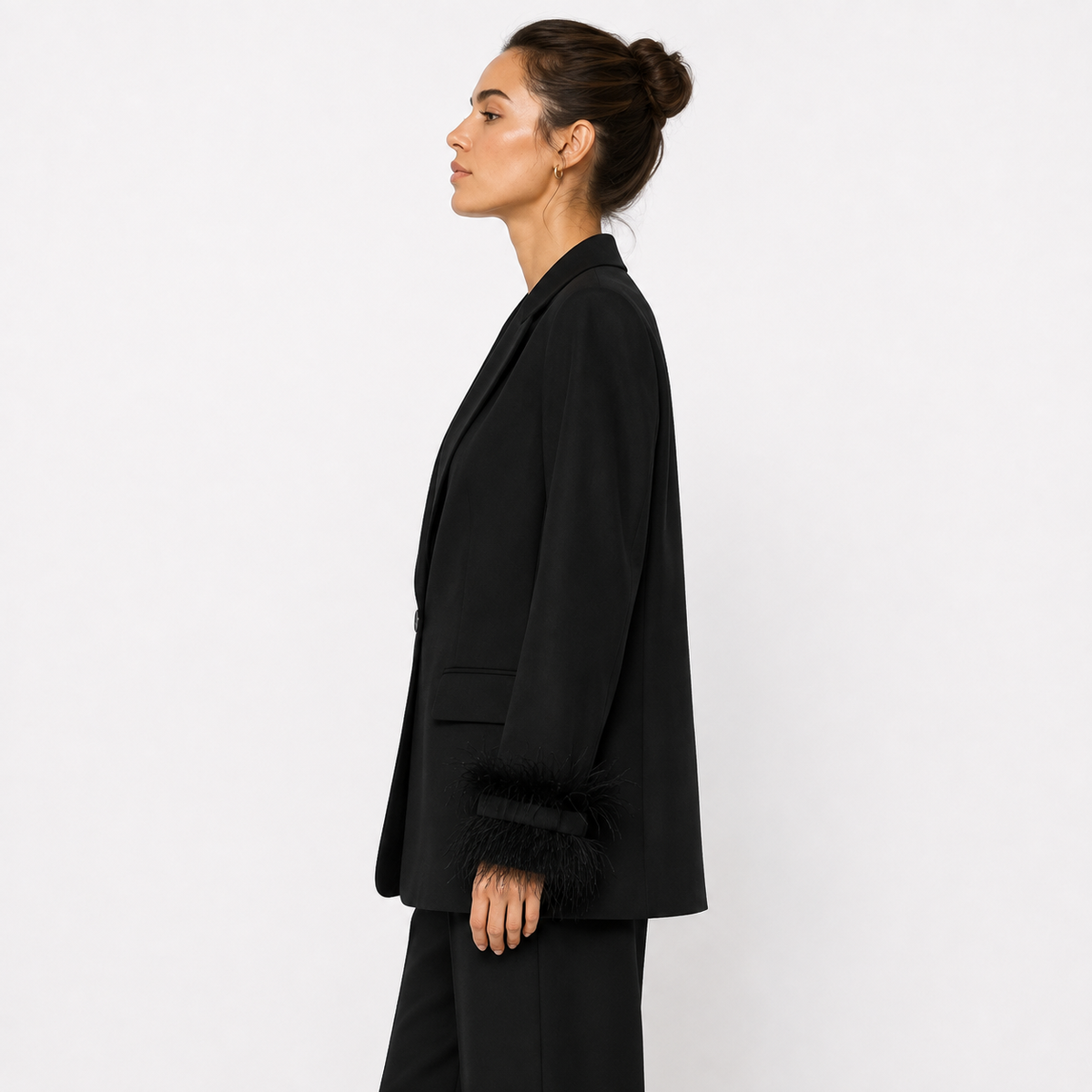 Women’s Black Single-Breasted Blazer with Feather-Trim Cuffs
