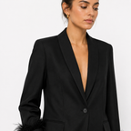 Women’s Black Single-Breasted Blazer with Feather-Trim Cuffs